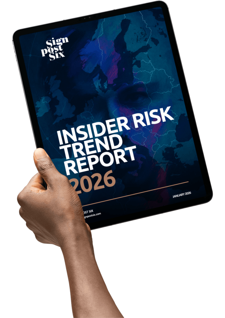 Insider Risk Trend report 2026 Cover on a tablet display held up by a hand
