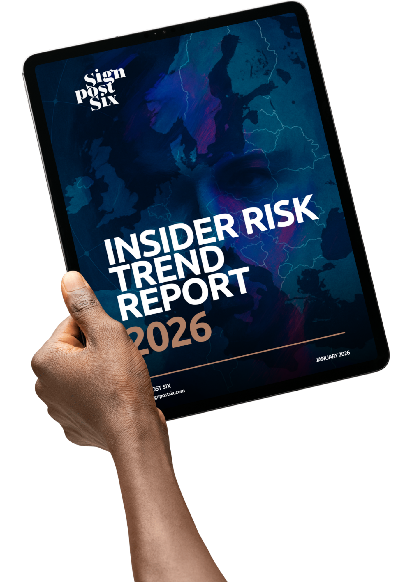 Insider Risk Trend report 2026 Cover on a tablet display held up by a hand